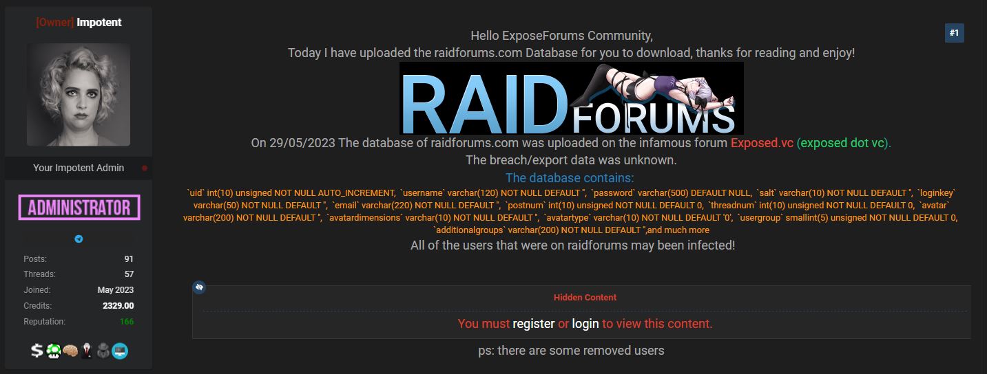 Dữ liệu của Raidforums bị quản trị viên một diễn đàn khác đăng tải. Ảnh chụp màn hình
